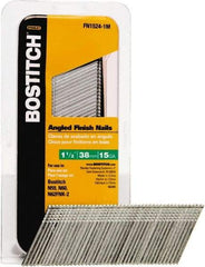 Stanley Bostitch - 15 Gauge 0.07" Shank Diam 1-1/2" Long Finishing Nails for Power Nailers - Steel, Bright Finish, Smooth Shank, Angled Stick Adhesive Collation, Round Head, Chisel Point - Americas Tooling