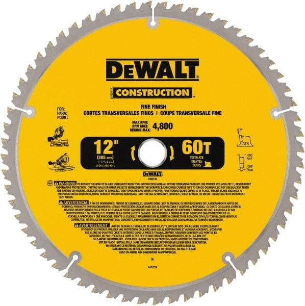 DeWALT - 12" Diam, 1" Arbor Hole Diam, 60 Tooth Wet & Dry Cut Saw Blade - Carbide-Tipped, Fine Finishing Action, Standard Round Arbor - Americas Tooling