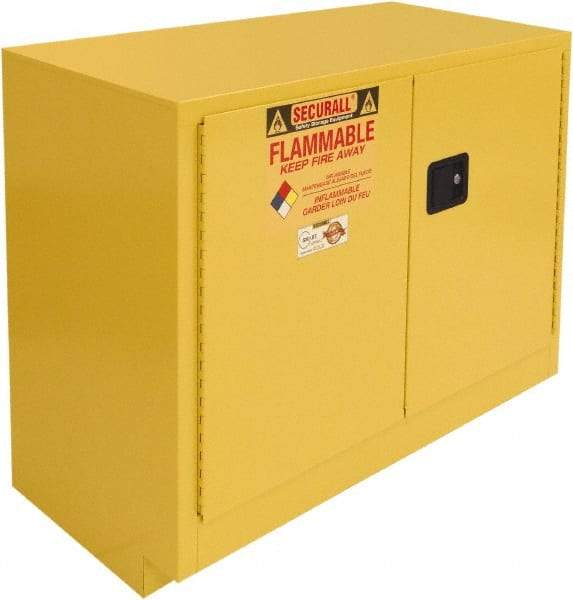 Securall Cabinets - 2 Door, 1 Shelf, Yellow Steel Under the Counter Safety Cabinet for Flammable and Combustible Liquids - 35-9/16" High x 47" Wide x 22" Deep, Manual Closing Door, 3 Point Key Lock, 36 Gal Capacity - Americas Tooling