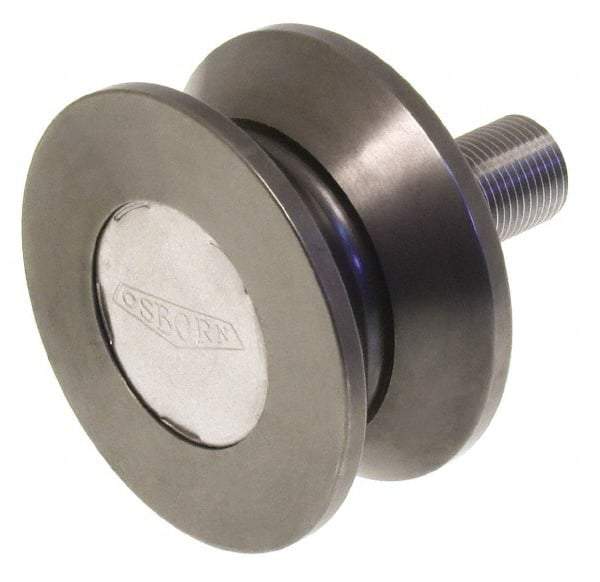 Osborn International - 4-1/2" Roller Diam x 2" Width, 1-1/4" Stud Diam x 2-1/2" Length, V Grooved Concentric Stud - Steel, 1-3/4" Thread Length, 1-1/4-12 Thread, 4-1/2" OAL, 13,700 Lb Dynamic Cap - Americas Tooling