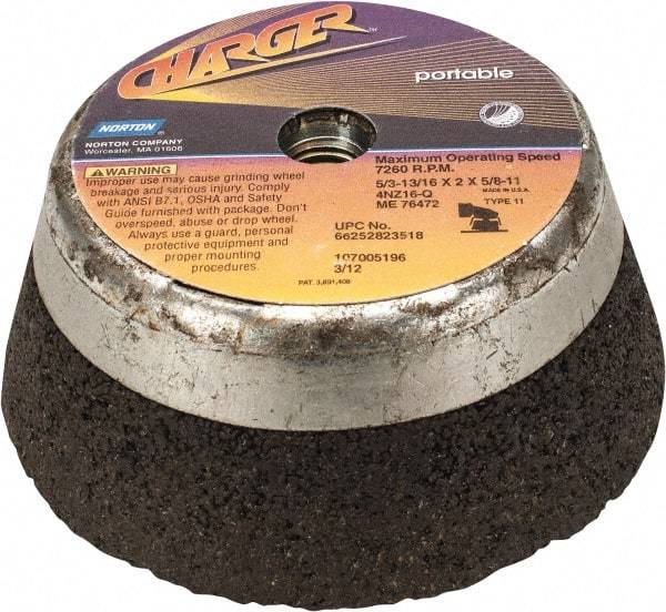 Norton - 5" Diam, 2" Overall Thickness, 16 Grit, Type 11 Tool & Cutter Grinding Wheel - Very Coarse Grade, Zirconia Alumina, Q Hardness, 7,260 RPM - Americas Tooling