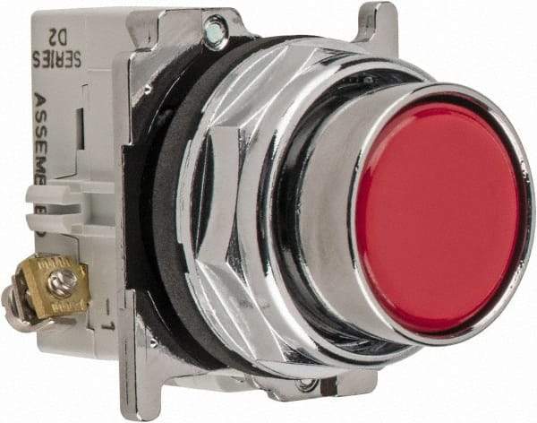 Eaton Cutler-Hammer - 30-1/2mm Mount Hole, Flush, Pushbutton Switch with Contact Block - Round, Red Pushbutton, Nonilluminated, Momentary (MO), Corrosion Resistant, Oiltight and Watertight - Americas Tooling