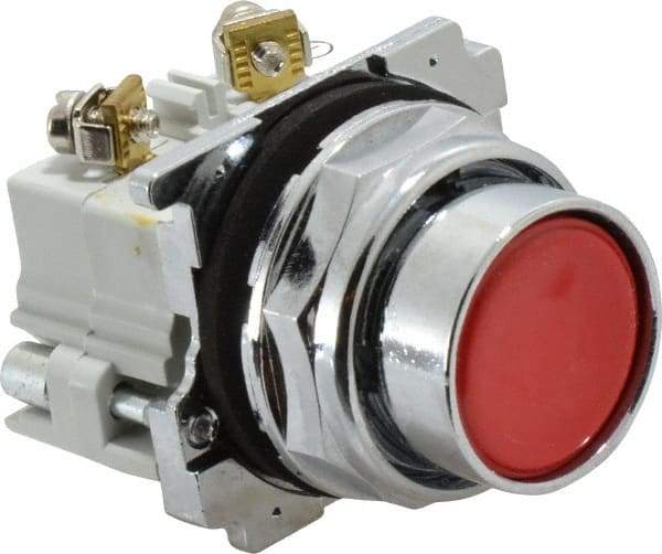 Eaton Cutler-Hammer - 30-1/2mm Mount Hole, Flush, Pushbutton Switch with Contact Block - Round, Red Pushbutton, Nonilluminated, Momentary (MO), Corrosion Resistant, Oiltight and Watertight - Americas Tooling