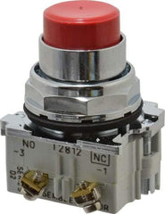 Eaton Cutler-Hammer - 30-1/2mm Mount Hole, Extended Straight, Pushbutton Switch with Contact Block - Round, Red Pushbutton, Nonilluminated, Momentary (MO), Corrosion Resistant, Oiltight and Watertight - Americas Tooling