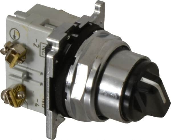 Eaton Cutler-Hammer - 30-1/2mm Mount Hole, 2 Position, Knob Operated, Selector Switch with Contact Blocks - Black, Maintained (MA), Nonilluminated, 1 Contact Block, NO/NC, Oil and Watertight - Americas Tooling