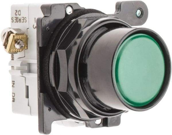 Eaton Cutler-Hammer - 30-1/2mm Mount Hole, Flush, Pushbutton Switch with Contact Block - Round, Green Pushbutton, Nonilluminated, Momentary (MO), Corrosion Resistant, Oiltight and Watertight - Americas Tooling