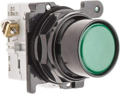 Eaton Cutler-Hammer - 30-1/2mm Mount Hole, Flush, Pushbutton Switch with Contact Block - Round, Green Pushbutton, Nonilluminated, Momentary (MO), Corrosion Resistant, Oiltight and Watertight - Americas Tooling