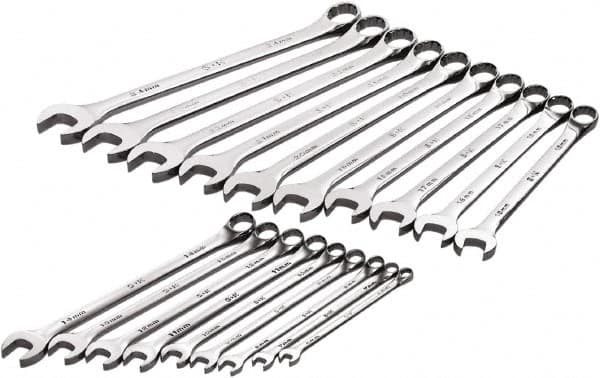 SK - 19 Piece, 6mm to 24mm, 12 Point Combination Wrench Set - Metric Measurement Standard, Full Polish Chrome Finish, Comes in Roll-Up Pouch - Americas Tooling