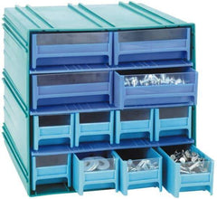 Quantum Storage - 14 Drawer, Gray, High Impact Styrene, Interlocking Storage Cabinet with Drawers - 11-3/4" Wide x 11-3/8" Deep x 11-1/8" High Body, (12) 2-3/4, (2) 5-5/8" Wide x 11" Deep x 2-1/2" High Drawers - Americas Tooling