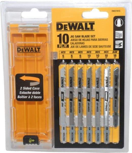 DeWALT - 10 Piece, 3" to 4" Long, 6 to 18 Teeth per Inch, Bi-Metal and High Carbon Steel Jig Saw Blade Set - T-Shank - Americas Tooling