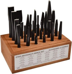 Mayhew - 24 Piece Center, Pin, Prick & Solid Punch & Cape, Cold, Diamond Point & Half Round Chisel & Rivet Buster - 1/4 to 3/4" Chisel, 1/8 to 1/2" Punch - Americas Tooling