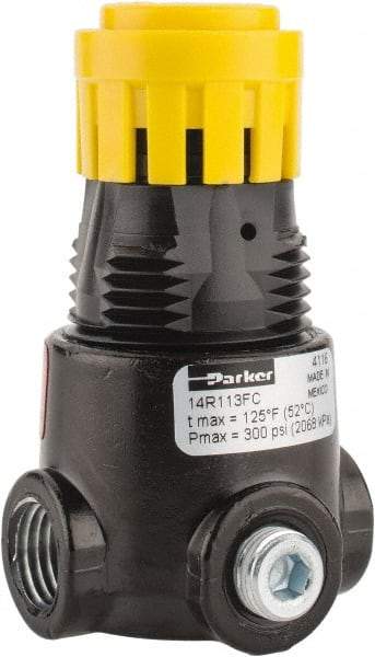 Parker - 1/4 NPT Port, 15 CFM, Zinc Miniature Regulator - 2 to 125 psi Range, 300 Max psi Supply Pressure, 1/8" Gauge Port Thread, 1.65" Wide x 2.88" High - Americas Tooling