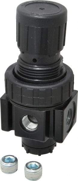 Parker - 1/4 NPT Port, 30 CFM, Zinc Economy Regulator - 2 to 125 psi Range, 300 Max psi Supply Pressure, 1/4" Gauge Port Thread, 2" Wide x 4.44" High - Americas Tooling