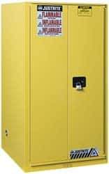 Justrite - 2 Door, 5 Shelf, Yellow Steel Standard Safety Cabinet for Flammable and Combustible Liquids - 65" High x 34" Wide x 34" Deep, Manual Closing Door, 3 Point Key Lock, 96 Gal Capacity - Americas Tooling