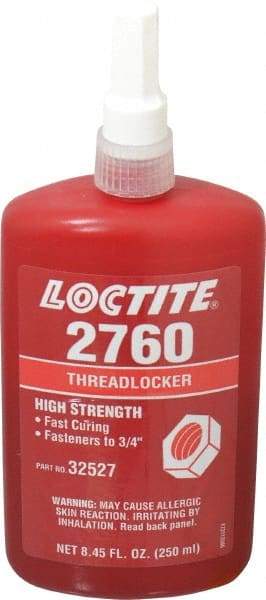 Loctite - 250 mL Bottle, Red, High Strength Liquid Threadlocker - Series 2760, 24 hr Full Cure Time, Hand Tool, Heat Removal - Americas Tooling