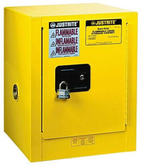 Justrite - 1 Door, 1 Shelf, Yellow Steel Bench Top Safety Cabinet for Flammable and Combustible Liquids - 22" High x 17" Wide x 17" Deep, Manual Closing Door, 4 Gal Capacity - Americas Tooling