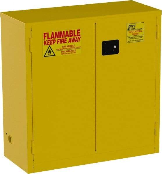 Jamco - 2 Door, 1 Shelf, Yellow Steel Standard Safety Cabinet for Flammable and Combustible Liquids - 44" High x 43" Wide x 18" Deep, Manual Closing Door, 3 Point Key Lock, 30 Gal Capacity - Americas Tooling