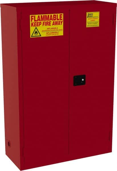 Jamco - 2 Door, 5 Shelf, Red Steel Standard Safety Cabinet for Flammable and Combustible Liquids - 65" High x 43" Wide x 18" Deep, Manual Closing Door, 3 Point Key Lock, 72 Gal Capacity - Americas Tooling