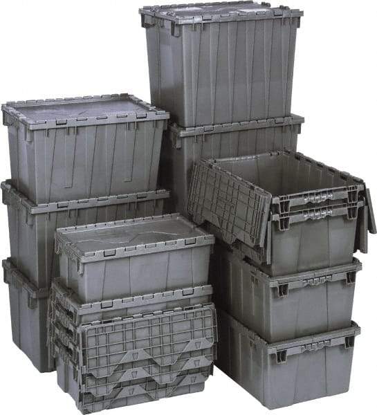 Quantum Storage - 1.42 Cu Ft, 75 Lb Load Capacity Gray Polyethylene Attached-Lid Container - Stacking, Nesting, 22.1" Long x 12.6" Wide x 11.9" High, Lid Included - Americas Tooling