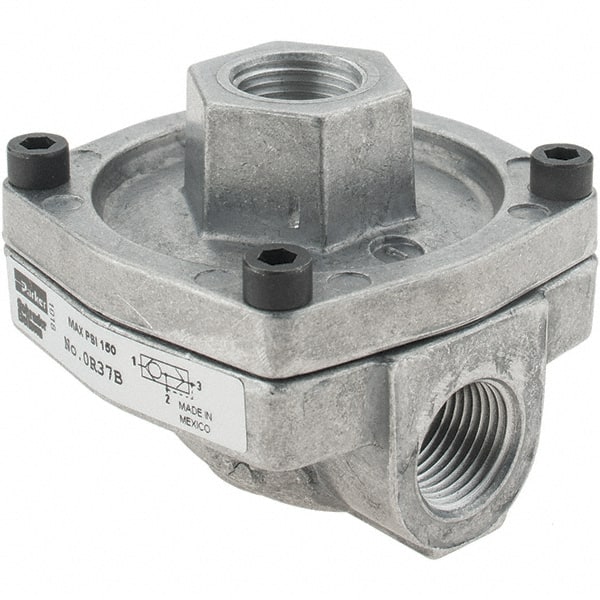 Parker - Quick-Exhaust Valves; Inlet Port Size: 3/8 ; Exhaust Port Size: 3/8 ; Material: Die Cast Aluminum ; Type: Rapid Exhaust Shuttle Valve - Exact Industrial Supply