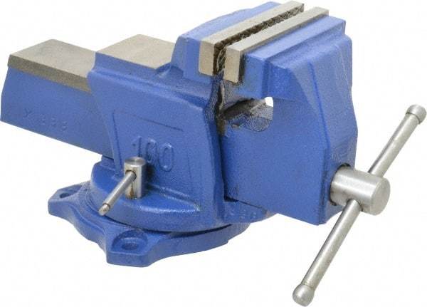 Interstate - 4" Jaw Width, 3-17/32" Opening Capacity, 2-1/4" Throat Depth, Cast Iron Swivel Bench Vise - Bolt Down Base Attachment, 5.77" High - Americas Tooling