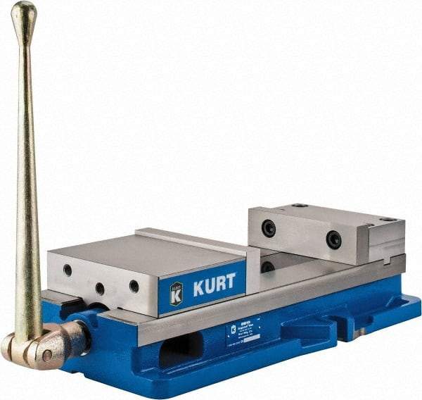 Kurt - 8" Jaw Width, 10" Jaw Opening Capacity, Horizontal Stationary Machine Vise - Manual Operation, 11,596 Lb Capacity, 1 Station, 24.185" Long x 5.51" High x 2-13/64" Deep, 2.2" Jaw Height, 80,000 psi Max Clamp Force, Ductile Iron - Americas Tooling