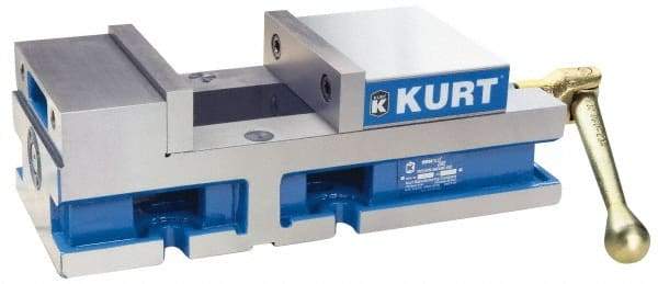 Kurt - 6" Jaw Width, 4" Jaw Opening Capacity, Horizontal Stationary Machine Vise - Reverse Manual Operation, 6,356 Lb Capacity, 1 Station, 14.88" Long x 4.6720" High x 1-31/64" Deep, 1.735" Jaw Height, 80 Lb Max Clamp Force - Americas Tooling