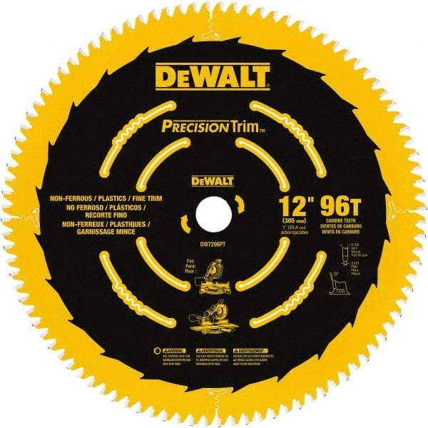 DeWALT - 12" Diam, 1" Arbor Hole Diam, 96 Tooth Wet & Dry Cut Saw Blade - Carbide-Tipped, Fine Trimming Action, Standard Round Arbor - Americas Tooling