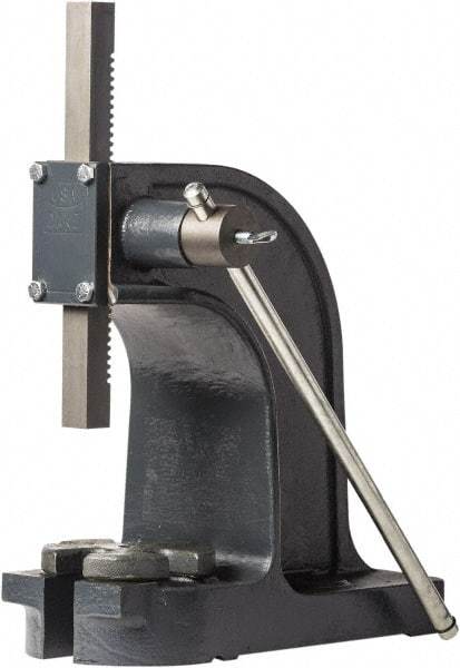 Dake - 1" Ram, 4-1/2" Throat Depth, 1-1/2 Ton Manual Arbor Press - 7-1/8" Max Work Height x 9" Max Work Width, Single Leverage, 32:1 Leverage Ratio, 6" Base Width x 14" Base Depth - Americas Tooling