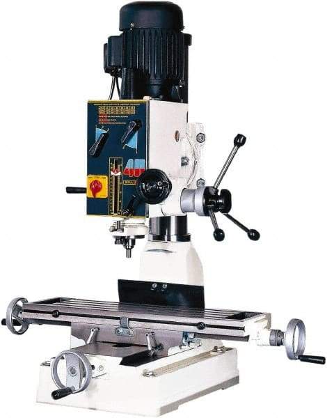 Rong Fu - 1 Phase, 20" Swing, Geared Head Mill Drill Machine - 28-3/4" Table Length x 8-1/4" Table Width, 18-1/8" Longitudinal Travel, 9" Cross Travel, 6 Spindle Speeds, 1 hp, 220 Volts - Americas Tooling