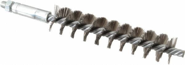 Schaefer Brush - 4" Brush Length, 7/8" Diam, Double Stem, Single Spiral Tube Brush - 6-1/4" Long, Stainless Steel, 1/4-28 Male Connection - Americas Tooling