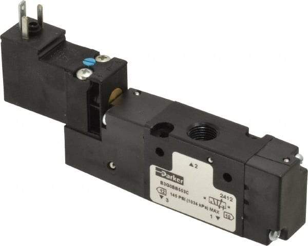 Parker - 1/8", 3-Way Body Ported Stacking Solenoid Valve - 24 VDC, 0.75 CV Rate, Air Return, 2.14" High x 4.2" Long - Americas Tooling