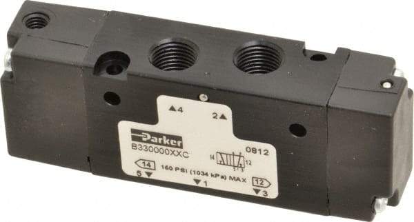 Parker - 1/8", 4-Way Body Ported Stacking Solenoid Valve - 0.75 CV Rate, Air Return, 1.13" High x 2.65" Long - Americas Tooling
