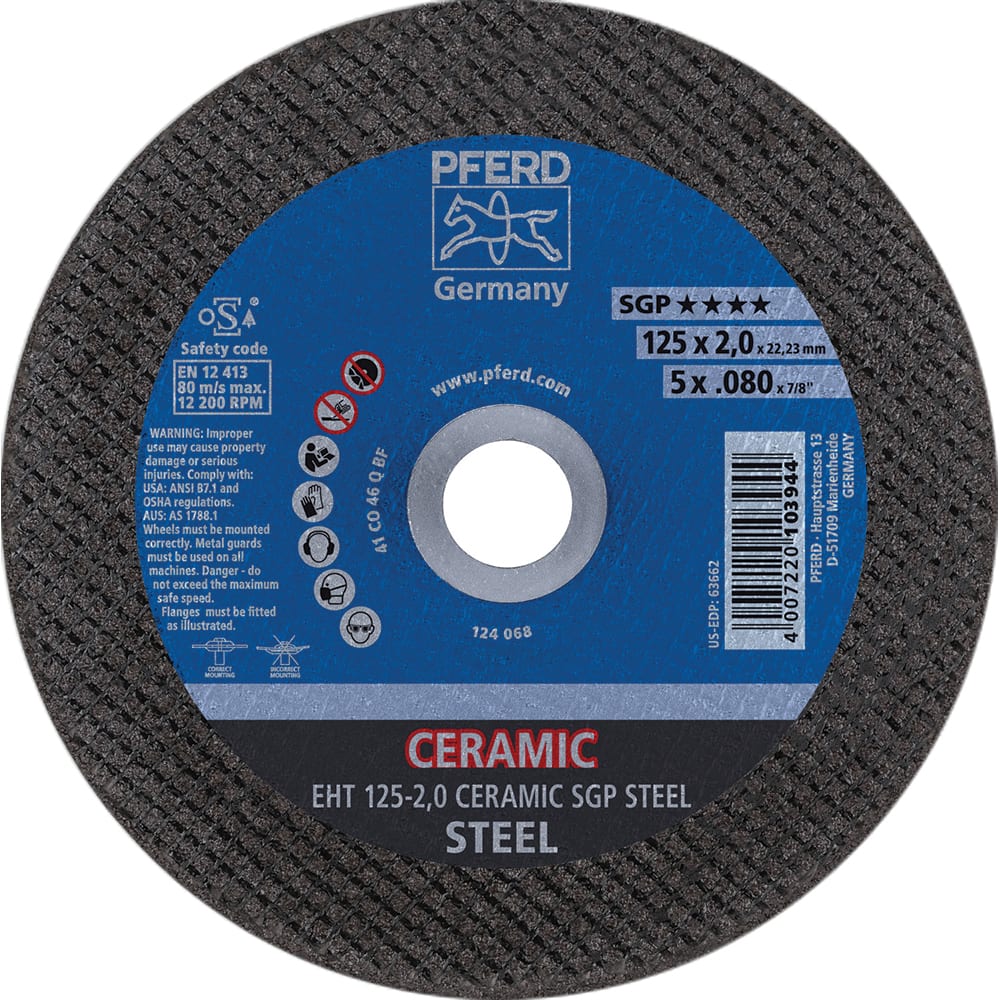 PFERD - Cutoff Wheels; Tool Compatibility: Angle Grinder ; Wheel Diameter (Inch): 5 ; Wheel Thickness (Inch): 0.0800 ; Abrasive Material: Ceramic Oxide ; Maximum RPM: 12200.000 ; Grit: 46 - Exact Industrial Supply