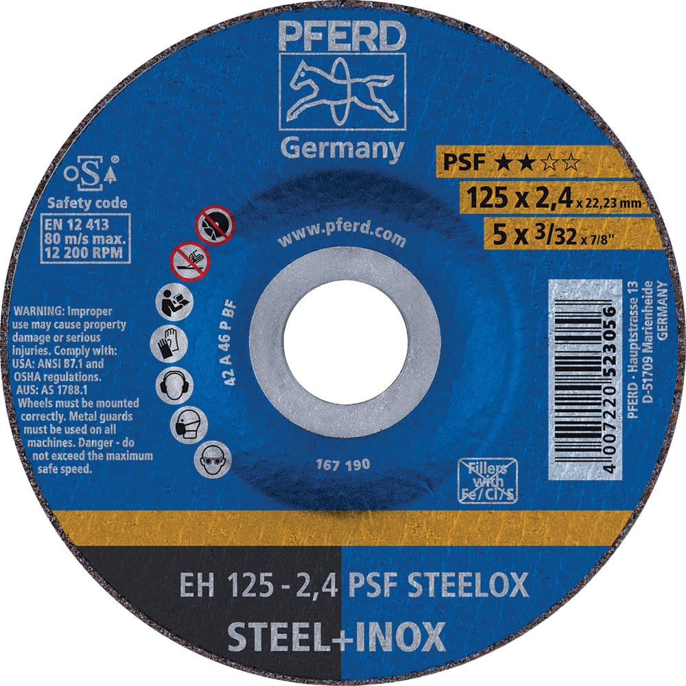 PFERD - Depressed-Center Wheels; Hole Size (Inch): 7/8 ; Connector Type: Arbor ; Wheel Type Number: Type 27 ; Abrasive Material: Aluminum Oxide ; Maximum RPM: 12200.000 ; Grit: 46 - Exact Industrial Supply