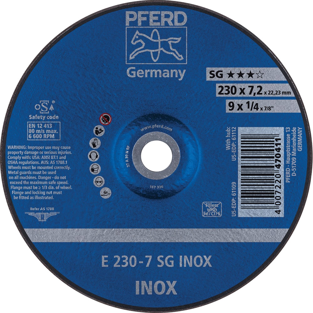 PFERD - Depressed-Center Wheels; Hole Size (Inch): 7/8 ; Connector Type: Arbor ; Wheel Type Number: Type 27 ; Abrasive Material: Aluminum Oxide ; Maximum RPM: 6600.000 ; Bond Type: Resinoid - Exact Industrial Supply