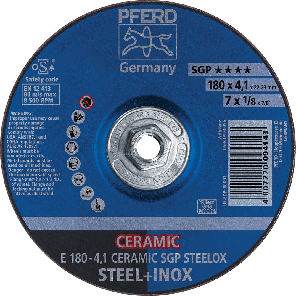 PFERD - Depressed-Center Wheels; Hole Thread Size: 5/8-11 ; Connector Type: Arbor ; Wheel Type Number: Type 27 ; Abrasive Material: Ceramic Oxide ; Maximum RPM: 8500.000 ; Grit: 24 - Exact Industrial Supply