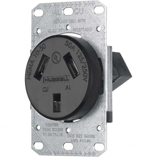 Hubbell Wiring Device-Kellems - 125/250 VAC 50A NEMA 10-50R Residential Grade Black Straight Blade Single Receptacle - Americas Tooling