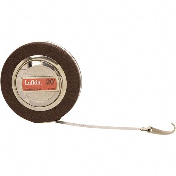 Lufkin - 20' x 3/8" White Steel Blade Tape Measure - 1, 1/10 & 1/100" Graduation, Inch Graduation Style, Brown Vinyl Clad Steel Case - Americas Tooling