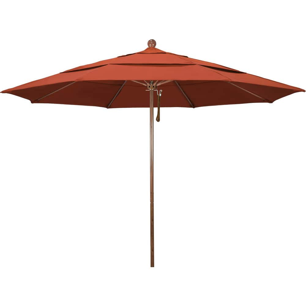 Patio Umbrellas; Diameter (Feet): 11; Height (Feet): 8.917; Fabric Color: Sunset; Base Included: No; Canopy Fabric: Olefin; Fade Resistant: Yes; Additional Information: Pulley Lift; Frame Material: Aluminum