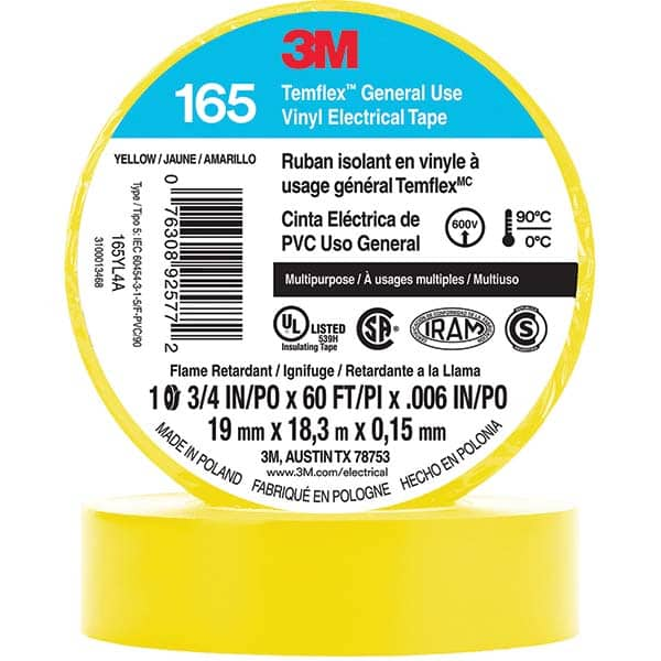 3M - Electrical Tape; Width (Inch): 0.75 ; Length Range: 20" and Larger ; Color: Yellow ; Material Type: Vinyl ; Length (Feet): 60.000 ; Length (yd): 20.00 - Exact Industrial Supply