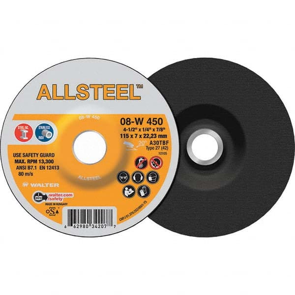 WALTER Surface Technologies - Depressed-Center Wheels Wheel Diameter (Inch): 4-1/2 Wheel Thickness (Inch): 1/4 - Americas Tooling