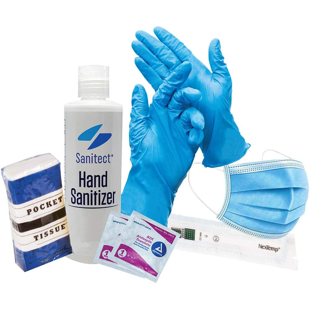 No Brand - Emergency Preparedness Kits Type: Back-to-Work Safety Kit Contents: (5) Ear Loop Masks; (5) Pair of Nitrile Gloves Size Large; Disposable Thermometer; Tissue Packet; 3.4oz Hand Sanitizer; (6) Antiseptic Towelettes - Americas Tooling