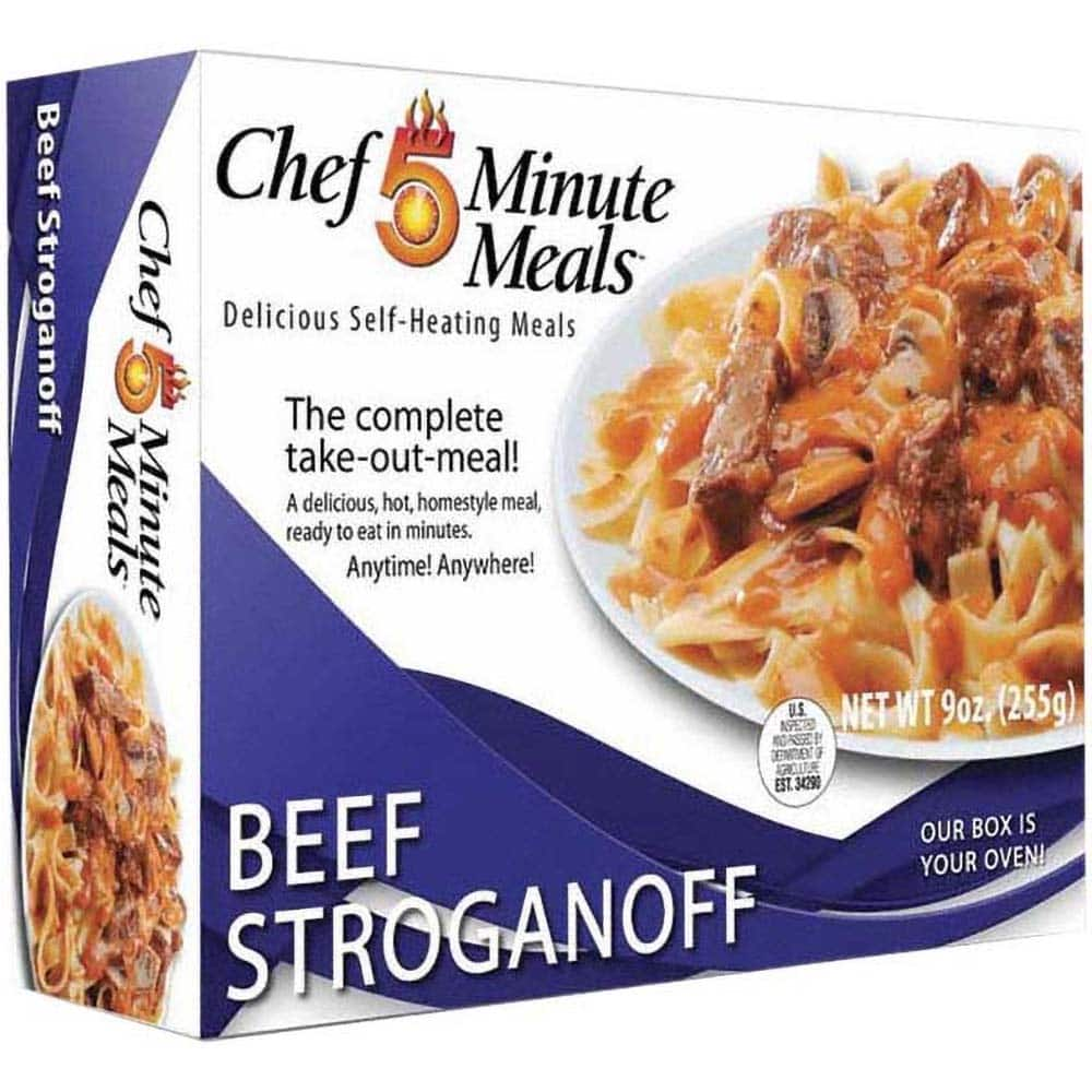 Chef Minute Meals - Emergency Preparedness Supplies Type: Ready-to-Eat Beef Stroganoff Meal Contents/Features: Heater Pad & Activator Solution; Cutlery Kit w/Utensils, Salt & Pepper Packets; 9-oz Entr e - Americas Tooling