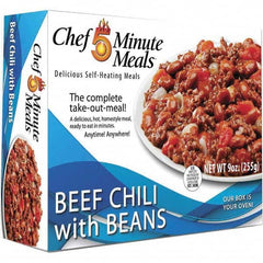 Chef Minute Meals - Emergency Preparedness Supplies Type: Ready-to-Eat Beef Chili Meal Contents/Features: Heater Pad & Activator Solution; Cutlery Kit w/Utensils, Salt & Pepper Packets; 9-oz Entr e - Americas Tooling