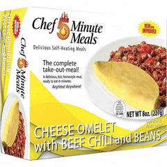 Chef Minute Meals - Emergency Preparedness Supplies Type: Ready-to-Eat Omelette and Chili Meal Contents/Features: Heater Pad & Activator Solution; Cutlery Kit w/Utensils, Salt & Pepper Packets; 9-oz Entr e - Americas Tooling