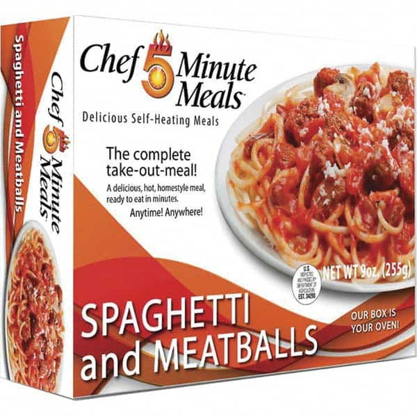 Chef Minute Meals - Emergency Preparedness Supplies Type: Ready-to-Eat Spaghetti and Meat Ball Meal Contents/Features: Heater Pad & Activator Solution; Cutlery Kit w/Utensils, Salt & Pepper Packets; 9-oz Entr e - Americas Tooling