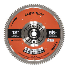 Wet & Dry Cut Saw Blade: 12″ Dia, 1″ Arbor Hole, 0.11″ Kerf Width, 96 Teeth Use on Aluminum Cutting