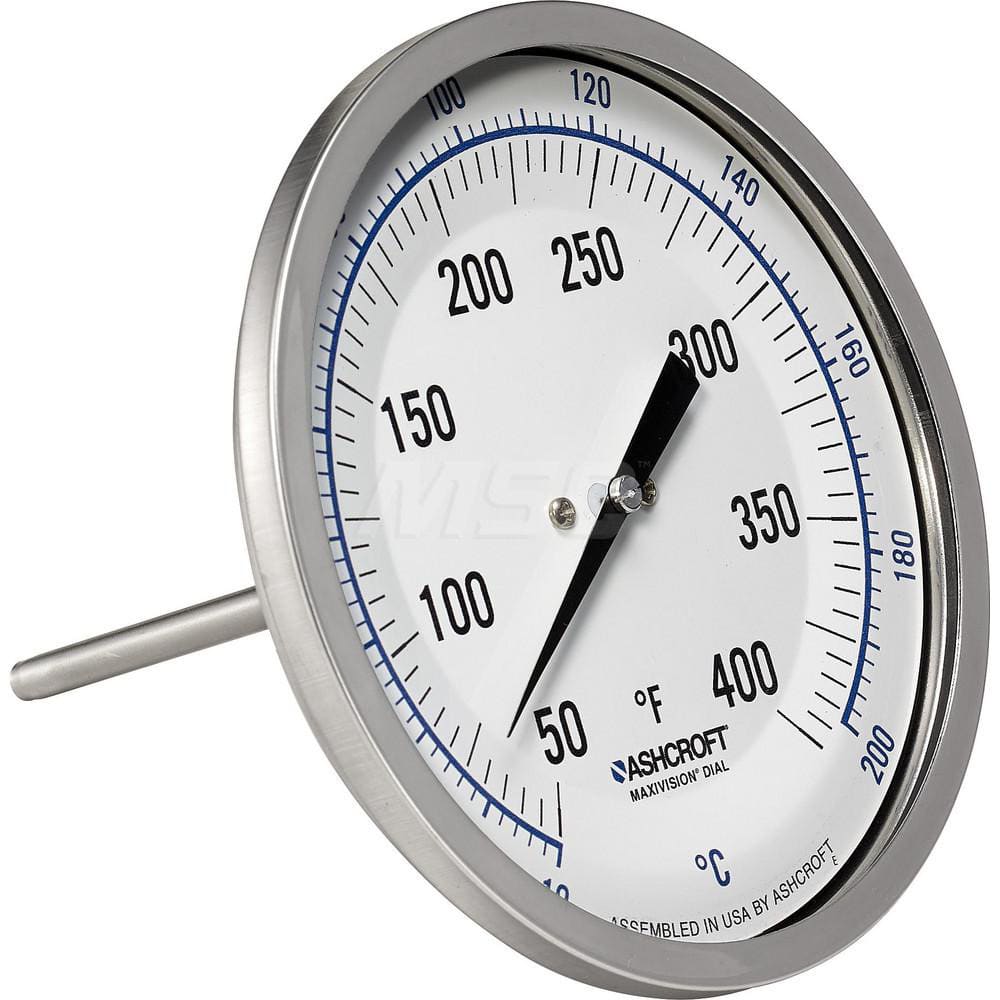 Bimetal & Dial Thermometers; Type: Bi-Metal Thermometer; Mount: Back Connected; Stem Length (Inch): 9; Dial Diameter: 5; Minimum Temperature (F): 50.000; Minimum Temperature (C): 10.00; Maximum Temperature (F): 400.000; Maximum Temperature (C): 200.00; Ma