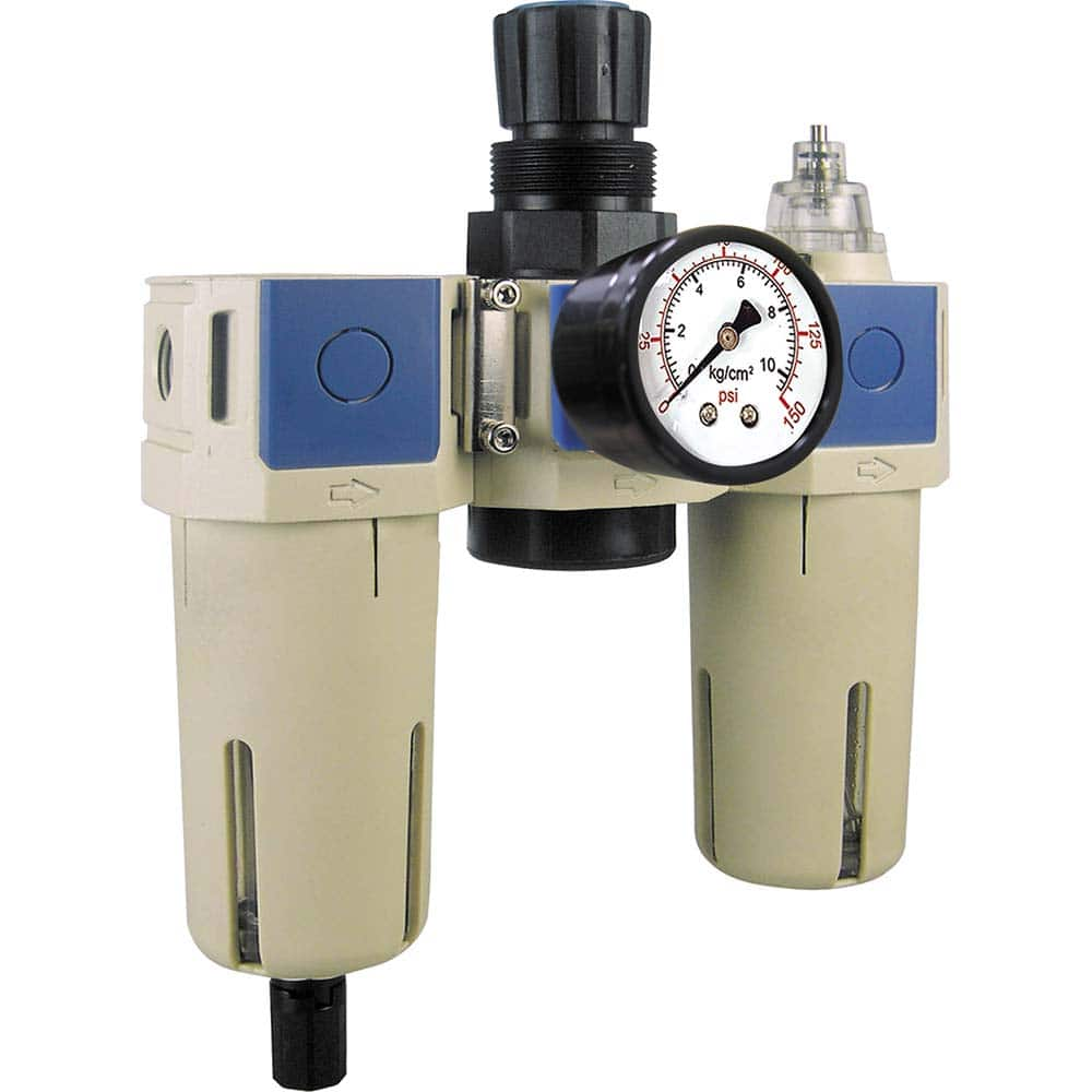 FRL Combination Unit: 1/4 NPT, Compact with Pressure Gauge 66.21 SCFM, 145 Max psi, Aluminum Bowl, Semi-Automatic Drain